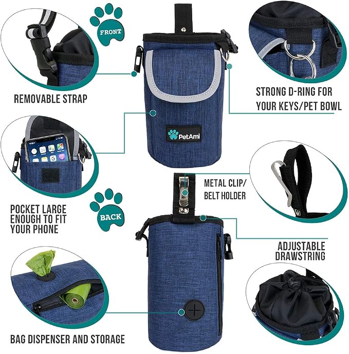 PetAmi Dog Treat Pouch, Large Hands-Free Training Bag, Navy Blue | Built-In Poop Bag Dispenser, Holds 3 Cups Of Treats, 4 Ways to Wear, D-Ring, Reflective Strap, Dog Treat Bag for Walking