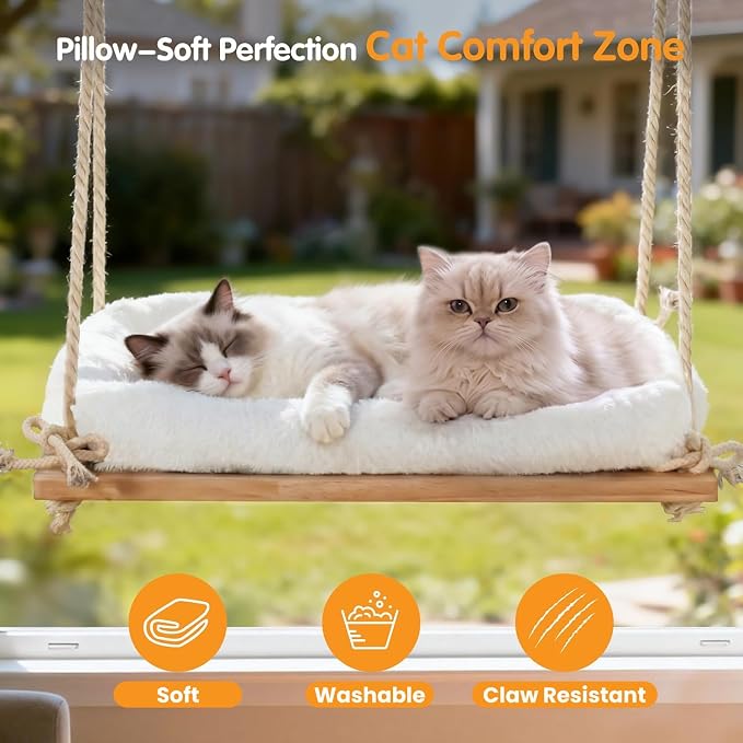 Large Cat Window Perch Hammock, Solid Wood Seat & Plush Cushion | 4 heavy-duty suction cups, sturdy wooden perch for XL & large cats, comfortable indoor window cat bed & hammock