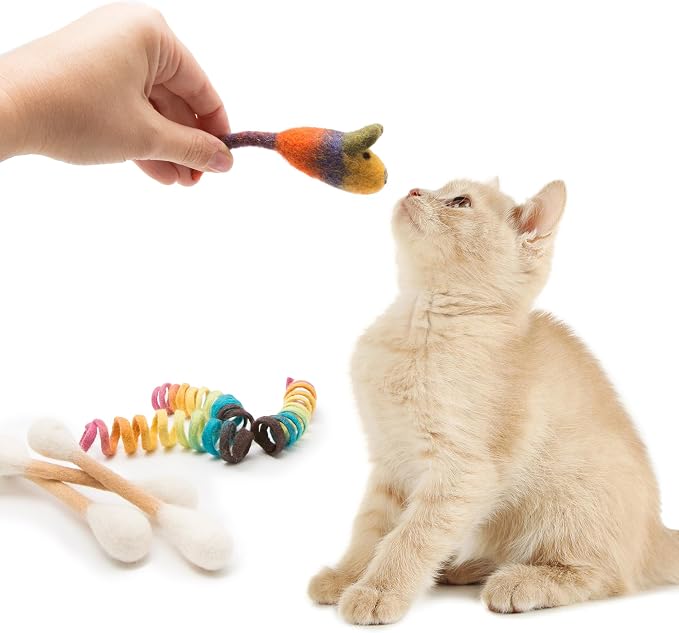 Glaciart One Indoor Catnip Cat Toy Pack - 7pc | Kitty Toys Include Wool Springs, Swabs & Mouse | for Activity, Exercise & Play | Filled w/Organic Catnip to Excite/Calm Pet | Great Gift Idea