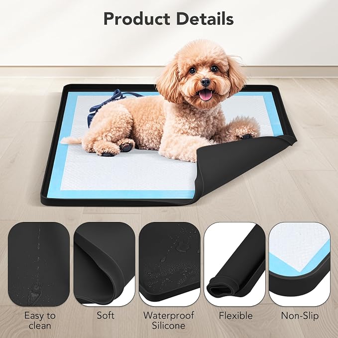 Pee Pad Holder for Dogs, Dog and Puppy Pee Pads Holder, 24"x24" Non-Slip & Leak-Proof & Portable Silicone Mat with Raised Edge Design, Square Puppy Potty Training Tray for Home Floor Protection(Black)
