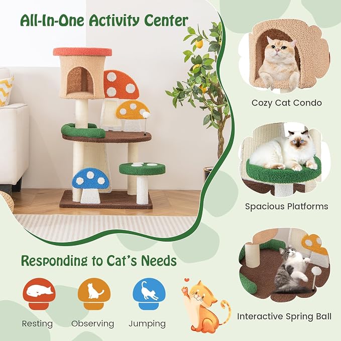 Tangkula Patented Mushroom Cat Tree, Cute Cat Tower with Full-Wrapped Sisal Post, Scratching Board & Spring Ball, Cat Condo, Flower Cat Tree Tower for Indoor Cats Large Adult (40.5 Inch)