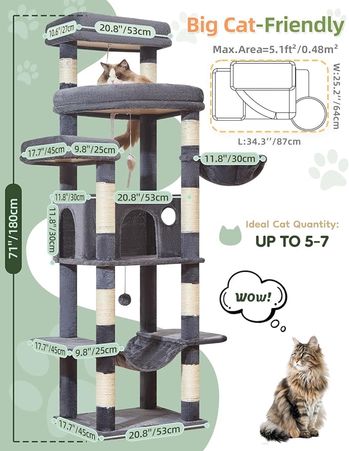 Taoqimiao Heavy-Duty Cat Tree, 71 in Cat Tower for Large Cats 20lbs+ | 3 Giant Multi-Tier Perches, Widened Cat Condo with 9 Scratching Posts, Plush Hammock & Basket, Toys, Smoky Gray, MS034G