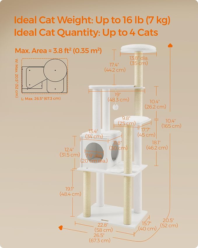 Feandrea Cat Tree, 65-Inch Multi-Level Tower with 5 Scratching Posts | Modern Cat Condo for Indoor Cats, Perch, Washable Removable Cushions, Cloud White, CAEN Collection UPCT166W01
