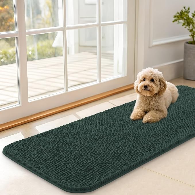 OLANLY Dog Door Mat for Muddy Paws 47x17, Super Absorbent Chenille Mud Mat | Blackish Green, Absorbs Moisture and Dirt, Non-Slip Machine Washable Doormat, Quick-Dry Indoor Entryway Floor Carpet for Dogs