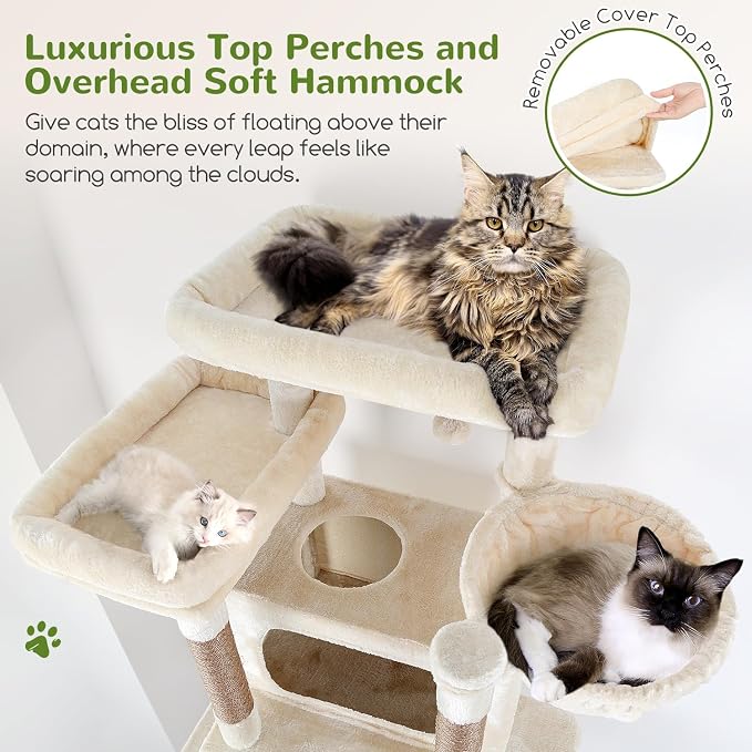 Globlazer Giant Tall Heavy Duty Cat Tower for Indoor Large Cats, F83B | XXL Multi-Level Large Cat Condo with 8 Scratching Posts, Hammock, 2 Cat Caves, 2 Platform, Beige