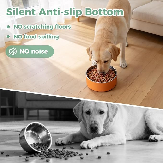 LIHONG Stainless Steel Dog Bowls for Large Dogs,Dog Food Water Bowls with Non Slip Rubber Bottom,Pet Feeding Bowl,Double Wall Insulated,Rustproof(64oz,Orange)