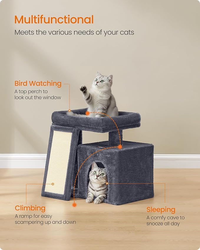 Feandrea Small Cat Tree, Cat Tower Condo, Scratching Ramp, Large Top Perch, Cave, 20.1 x 15.4 x 18.3 Inches, Dark Gray UPCT010GS02S