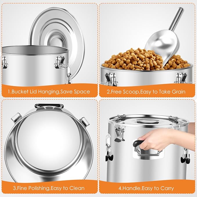 Stainless Steel Dog Food Storage Container,30LB/35LB Airtight Dog Food Storage Container with Lid to Keep Fresh,Easy Clean Large Pet Food Storage Container with Scoop for Cat Food,Chicken Feed,Rice