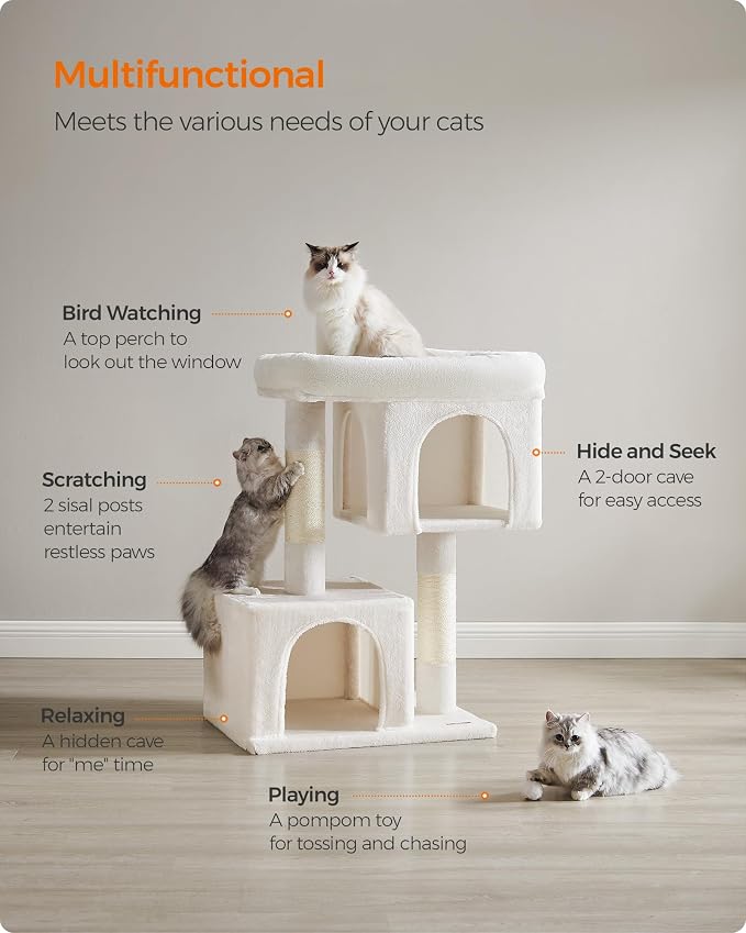 Feandrea Cat Tree, 40.6-Inch Cat Tower, Plush Condo for Extra Large Cats up to 44 lb, Large Perch, 2 Caves, Scratching Post, Cream White UPCT614T01