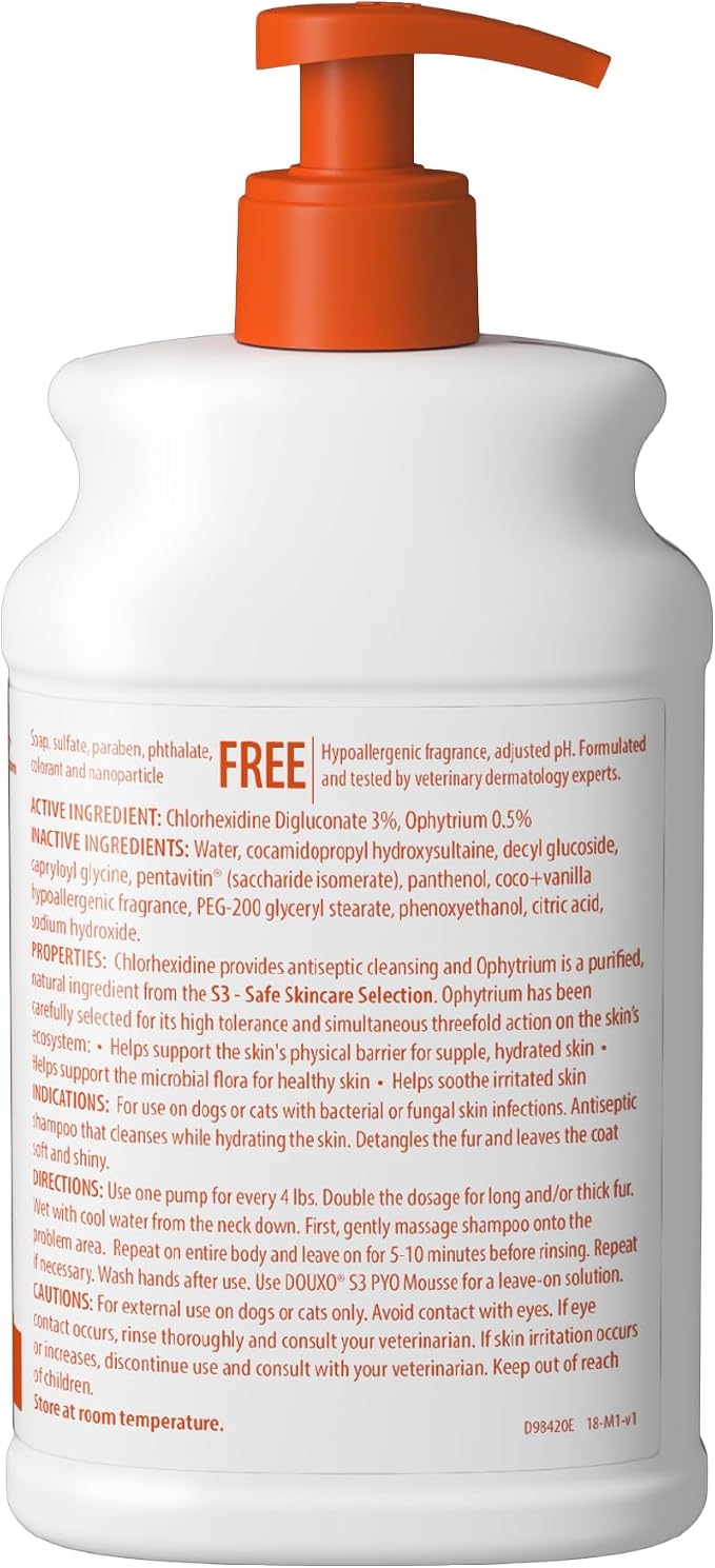 Douxo S3 PYO Chlorhexidine Shampoo For Dogs, Medicated Shampoo Antibacterial & Antiseptic, Yeast Infection Treatment for Dogs & Cats, Clinically Proven, 16.9 fl oz