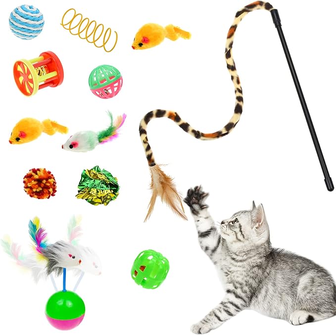 Malier Collapsible Cat Tunnels & Toys Set, Interactive Kitty Toys - Kitten & Cat - Feathers, Mouse, Crinkle Balls, 3-Way Tube Tunnel for Indoor Play
