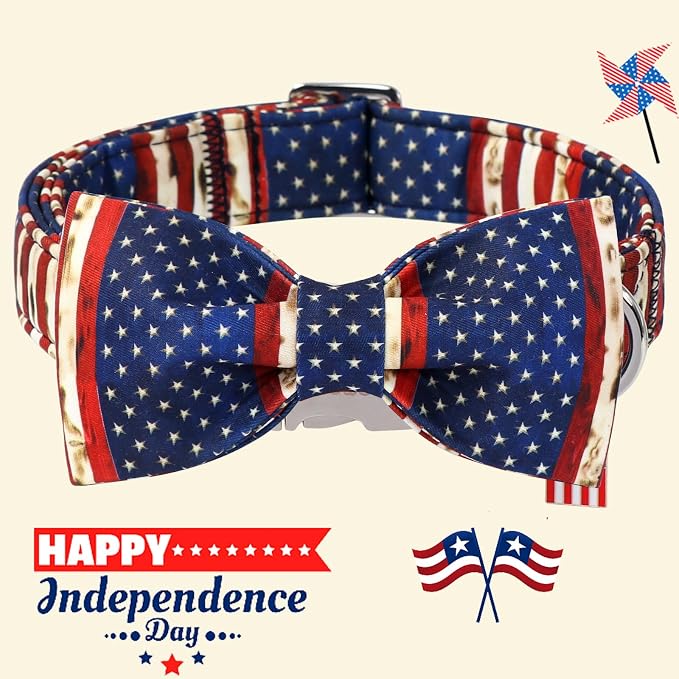 DOGWONG Ameirican Flag Dog Collar with Bow - Independence Bowtie Dog Collars, Adjustable Patriotic Pet Collars 4th of July Dog Collar for Small Medium Large Dogs