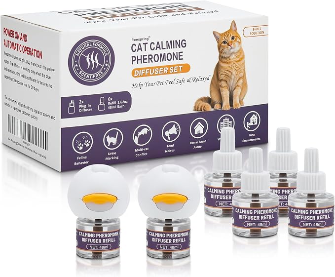 Reespring Cat Pheromones Calming Diffuser: Premium Pheromone Diffuser for Cats - Cat Pheromones Diffuser - Cat Calming Diffuser - Cat Calming Pheromone Diffuser (2 diffusers+ 6 Refills)