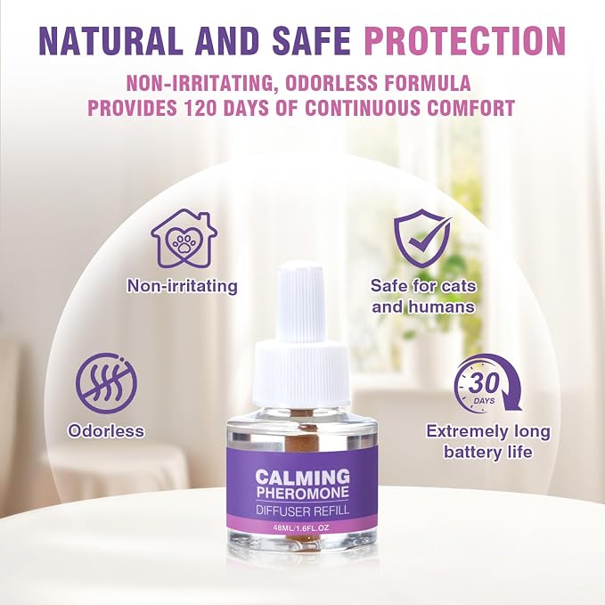 Cat Calming Pheromone Diffuser Refills 4 Pack Anxiety and Stress Calming for Cats Reduce Inappropriate Peeing and Spraying Fragrance Free for Bedroom Bathroom Reduces Conflict in Multi-Cat Households