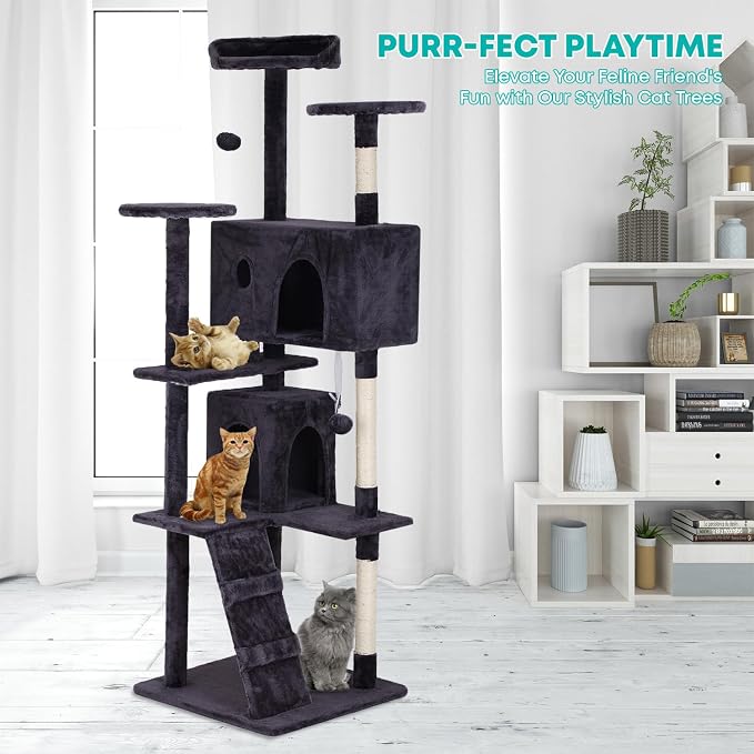 FDW | 70" Cat Tree Tower | Ashy | Multi-Level Indoor Activity Center with Sisal Scratching Posts, Condos, Plush Perches, Hanging Cat Toys | Sturdy, Easy to Assemble | for Kittens & Adult Cats