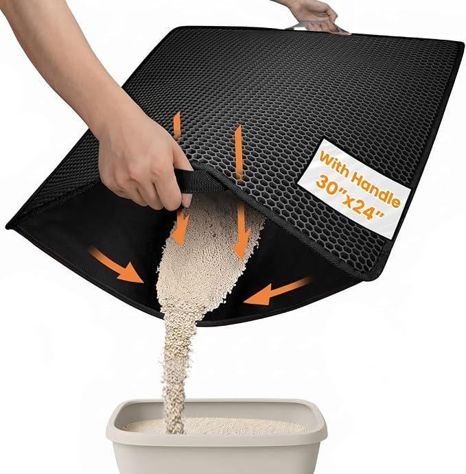 Cat Litter Mat-30"X24" Large Litter BoxTrapping Mat for Kitty EVA Honeycomb Double Layer Design, Urine & Waterproof with Handle Design Easier to Clean, Washable, Black
