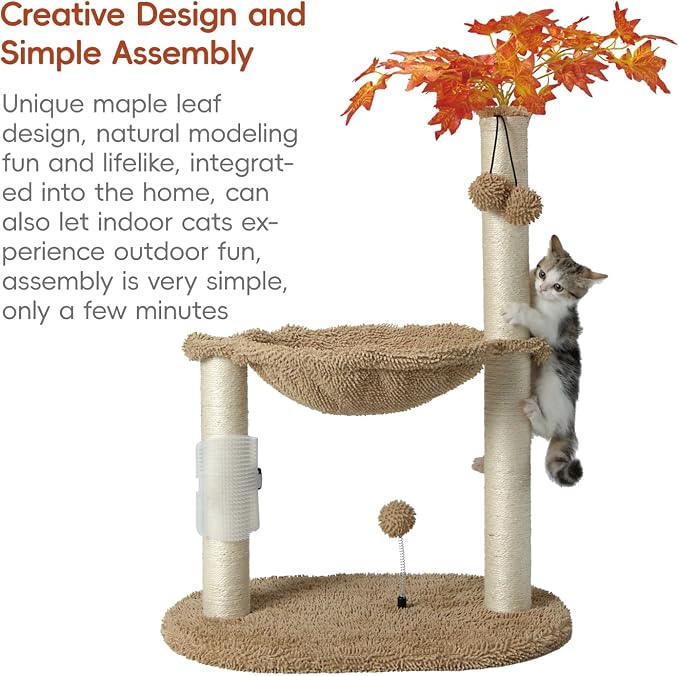MECOOL Cat Tree Tower 32" Tall Scratching Post with Large Hammcok for Indoor Cats,Self-Massage Bursh Hanging Ball Toys,Maple,Beige