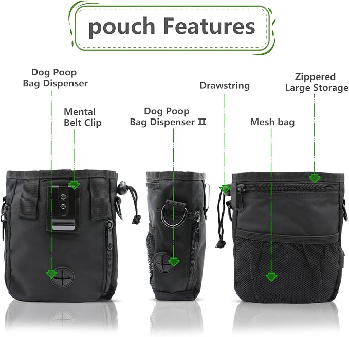Dog Treat Pouch, Pet Training Clickers,Hands-Free Waist Belt Clip Nylon Pet Treat Pouch with Shoulder Strap, Puppy Walking Supplies Built-in Poop Bag Dispenser for Cat Bird Rabbit (Black)