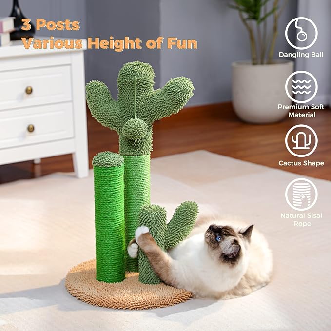 PAWZ Road Cactus Cat Scratching Post 23”Cat Scratcher with Toy Ball | Cactus Cat tree with 3 Sisal & Carpet Scratching Posts, Soft Carpet Base & Top, Interactive Ball for Indoor Cats