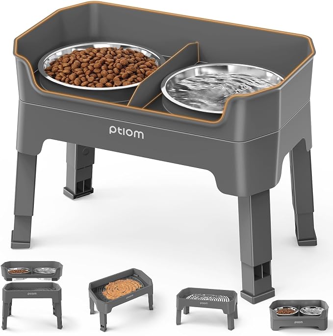 3-in-1 Elevated Dog Bowls Mess Proof Raised Slow Feeder Dog Bowls, 4 Height Adjustable Dog Bowl Stand Licking Plate with 2 56oz Stainless Steel Dog Food Bowls for Small Medium Large Dogs Pets