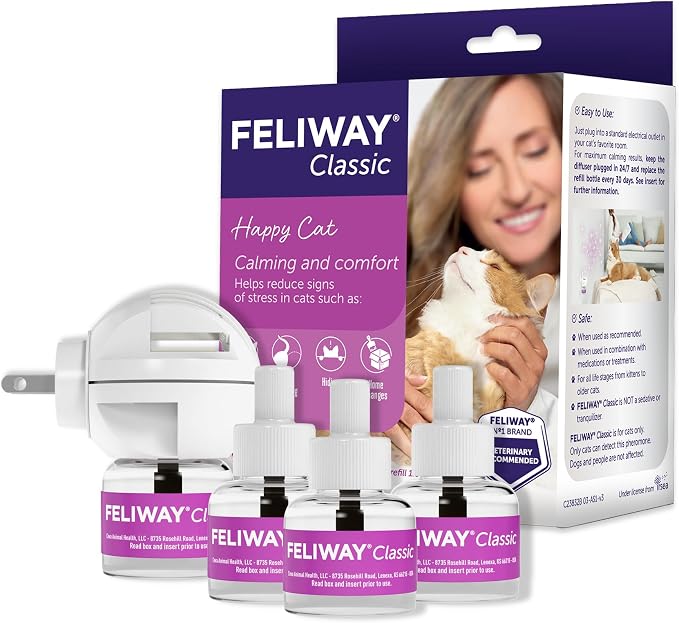 FELIWAY Classic Cat Calming Diffuser Kit and 3 Pack Refill – Helps Reduce Stress‑Related Behaviors Like Urine Spraying, Scratching, and Hiding – 30‑Day Cat Pheromone Plug in Diffuser | Helps Reduce Stress‑Related Behaviors Like Urine Spraying, Scratchi...