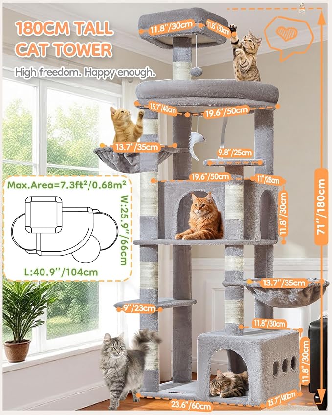 Taoqimiao 71in Cat Tree, Heavy Duty Large Cat Tower for Indoor Cats MS050W | Extra Wide Sturdy Base, Tall Multi-level, 7 Sisal Scratching Posts, 2 Houses, 2-Post Supported Baskets, 2 Perches, Light Gray
