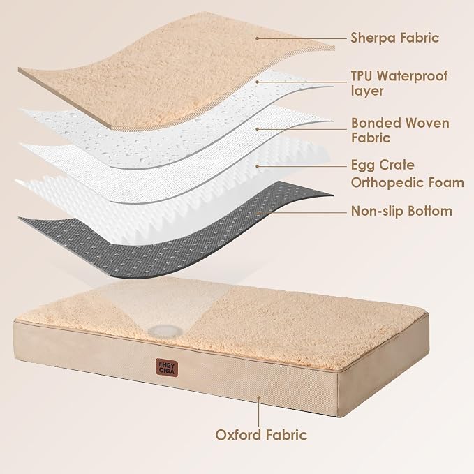 EHEYCIGA Orthopedic Dog Bed Large with Removable Washable Cover, 47IN Khaki | Egg Crate Foam Support, Durable Oxford fabric, Non-Slip Bottom, Machine Washable, Soft Waterproof Plush Pet Bed Mat For Crate