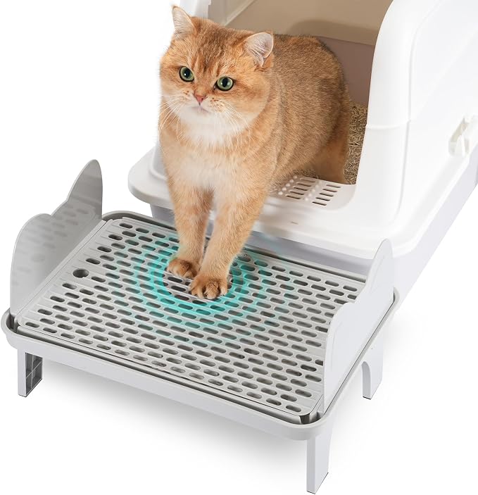 Uross Cat Litter Box Step, Extra Large Litter Box Ramp/Stairs with Detachable Splash-Proof Side Baffles, Anti-Tracking Litter Catcher, Easy to Clean, Non-Slip Step for Small & Elderly Cats (Grey)