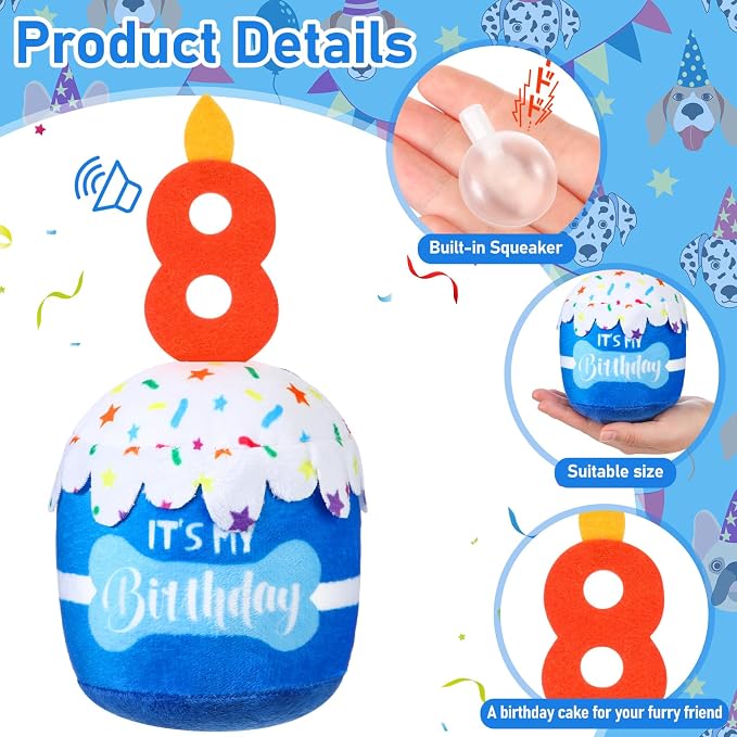 Dansydaisy Dog Birthday Cake Toy Squeaky Plush Toy for Girl Boy Gifts, Chew Accessories for Dog Birthday Party Decor Favor for Large, Medium and Small Dogs(8th,Blue)
