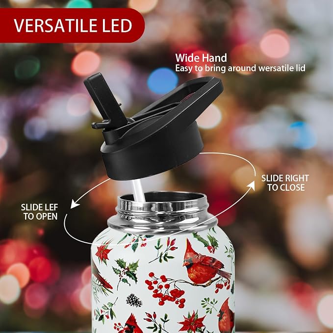 32oz Christmas Red Cardinal Insulated Aater Water Bottle with Straw Gym Hiking Sports Coffee Mug Cup,Christmas Gifts for Women,Christmas Decor Stuff Accessories