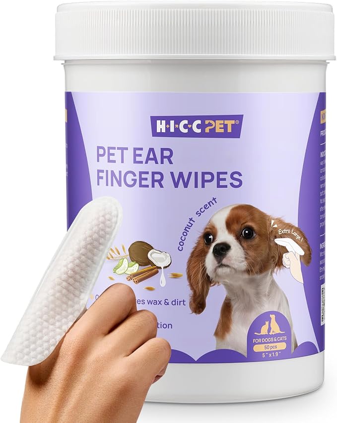 HICC PET Ear Cleaner Finger Wipes for Dogs & Cats, Clean Wax, Dirt & Debris, Extra-Large Pet Ear Cleaning Wipes, Gentle and Hypoallergenic Ear Cleaning Wipes for Daily Care(Coconut Scent)
