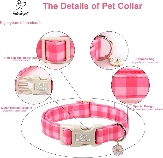 Girl Dog Collar for Medium Dogs - Cute Pink Plaid Puppy Collar, Soft Adjustable Spring Summer Female Dog Collars with Quick Release Buckle M