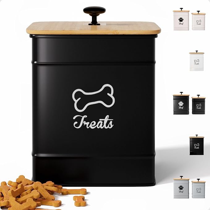 Dog Treat Container with Airtight Bamboo Lid, 5"W x 7"H, 7 Cup Capacity | Fits Most Popular Treats, 7 Cups Capacity, Airtight Bamboo Lid, Easy Open Metal Lid Handle, Dent-Resistant Durable Metal