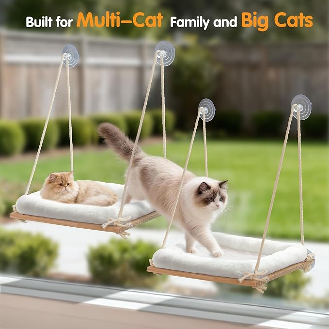 Large Cat Window Perch Hammock, Solid Wood Seat & Plush Cushion | 4 heavy-duty suction cups, sturdy wooden perch for XL & large cats, comfortable indoor window cat bed & hammock