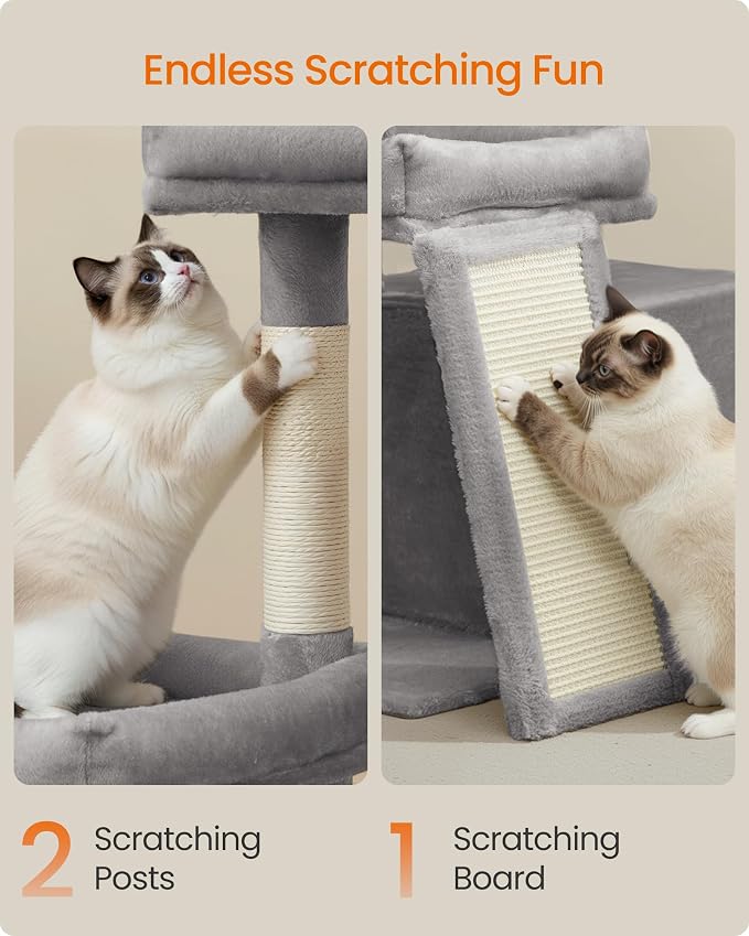 Feandrea Cat Tree, Cat Tower Condo with Scratching Posts and Ramp, 2 Large Perches, Cave, Basket, 33.8 Inches Tall, Dove Gray UPCT013GD02S
