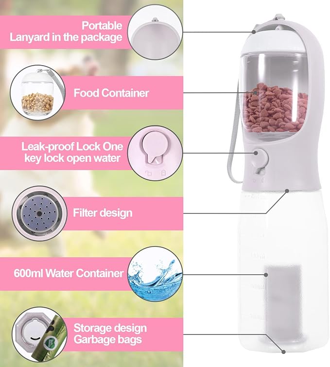 3-in-1 Portable Dog Water Bottle Dispenser,Crate with Food Container, Replaceable Waste Bags,Dog Stuff Accessories Items, Puppy Essentials Necessities,for Walking&Hiking (20oz-White)