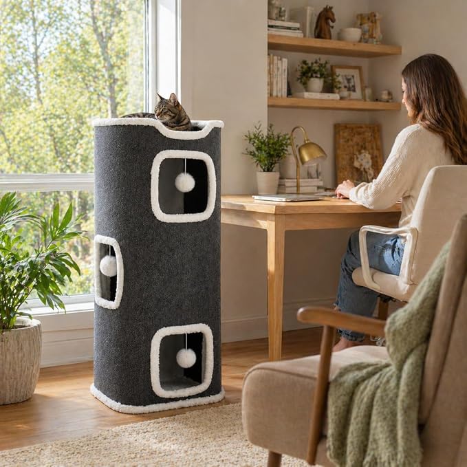 Three-Tier Cat Tree for Indoor Cats, Multi-Level Cat Tower with Cat Hideaway, Soft Cat Bed, Interactive Toy Ball & Scratching Posts, Space-Saving Cat Furniture for Apartments (L)