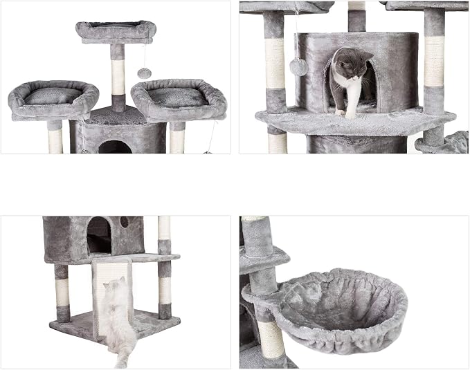 Hey-brother Cat Tree Tower with Multi-Level Large Condo, Platform, MPJ032W | 73.4 Inch Cat Tower with 3 Caves, 3 Cozy Perches, Scratching Posts, Board, Activity Center Stable for Indoor Cats, Light Gray