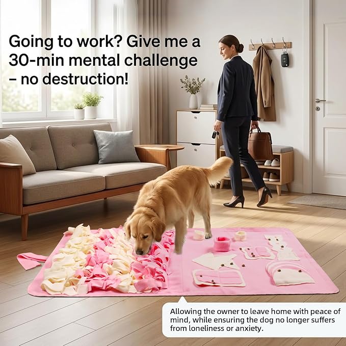 Snuffle Mat for Dogs: Slow Food Interactive Experience - 7 Enrichment Foraging Games for Large Dog Owners Needing to Burn Pet Energy - Washable 1000 Times - 22x38 inch - Pink