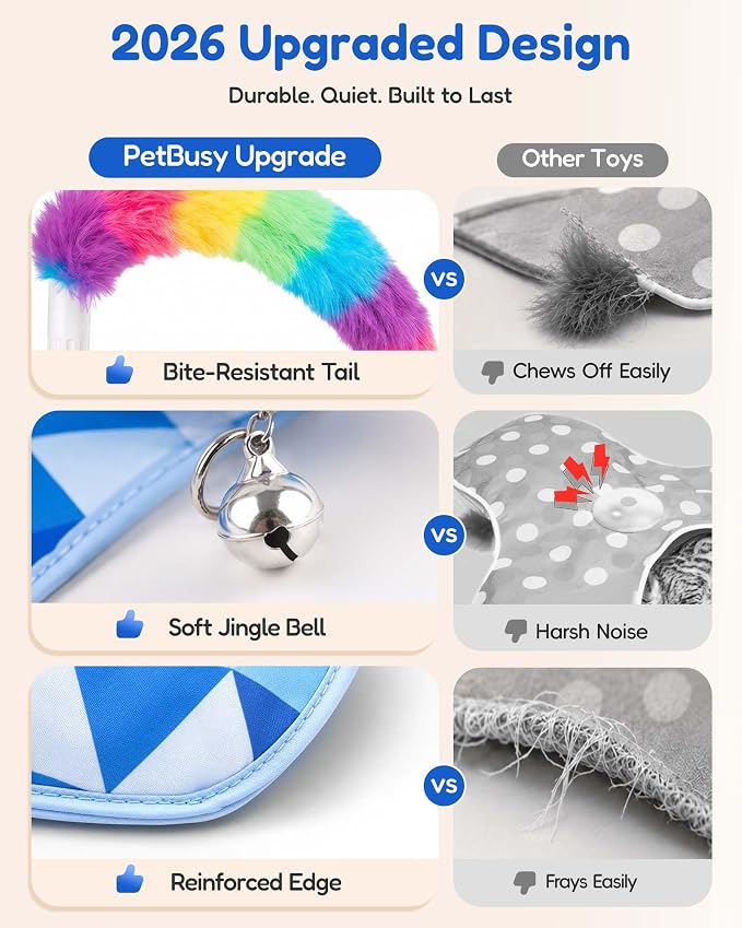 PetBusy [Baby Grade Automatic Hide &Seek Interactive Cat Toys for Indoor Cats,[Week-Long Big Battery] Rechargeable Smart Touch-Activated Kitten Toy with Moving Rainbow Tail for Bored Adult Cats, Blue