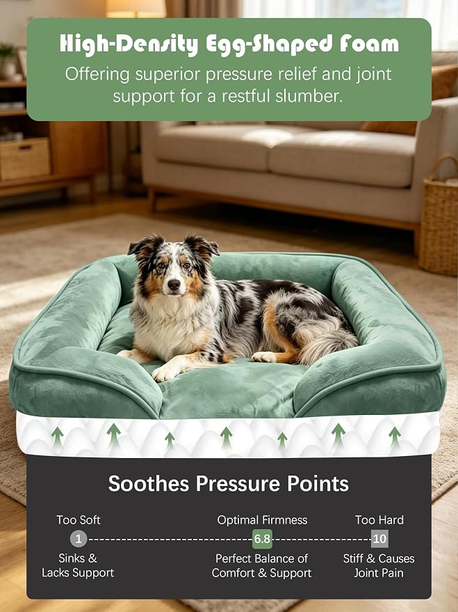 Spotted Play Orthopedic Dog Bed with Sides - Sofa Beds for Large Dogs, Supportive Foam Pet Couch Bed with Washable Removable Cover, Waterproof Lining and Non-Slip Bottom, Green - L
