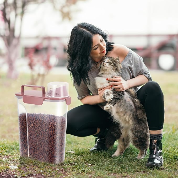 LEAWALK 5-7Lbs Airtight Pet Storage Container For Cat Dog Bird Food and Keep Fresh, Translucent Body, Upgraded Large Nozzle for Easy Pouring With Handle Design Easy to Carry When Going Out-Pink