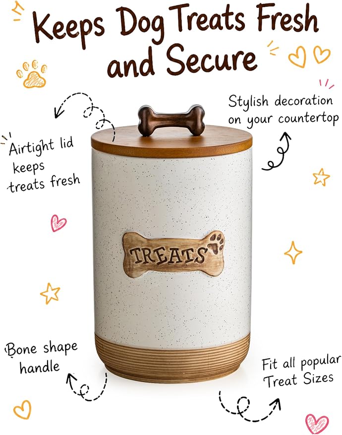 Miamolo Dog Treat Jar Ceramic Dog Treat Container with Wooden Lid, 8 Cups Airtight Dog Food Storage Container for Countertop, Farmhouse Dog Biscuit Jar Gift for Dog Lovers - Bone Dotted White