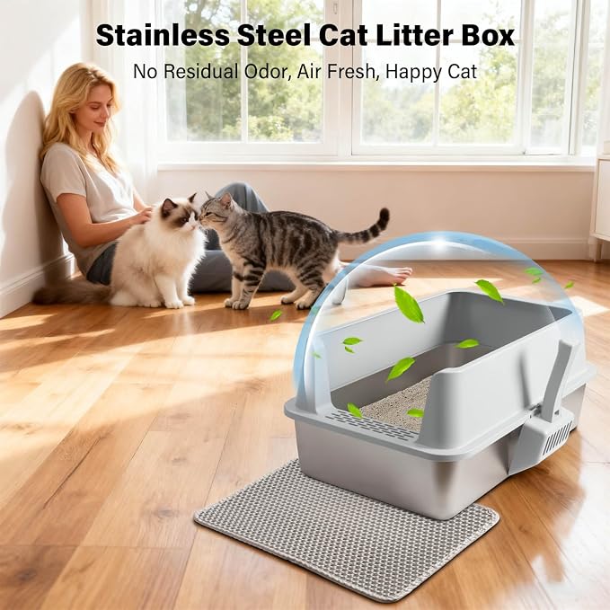 2PCS Stainless Steel Cat Litter Box with Lid Large to XL,Metal Litter Box High Sides for Big/Multiple Cats,Open Design,Indoor,1-Mat and 1-Scoop,Easy to Clean, No Odor,Anti-Urine Leakage