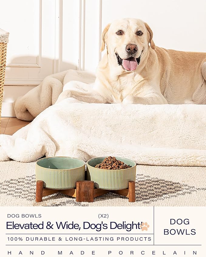 Getstar Ceramic Dog Bowls Set with Acacia Wood Stand, 3.5 Cups Pet Bowls Set of 2 for Medium Dogs, Cute Dog Food Bowl, Cat Bowls