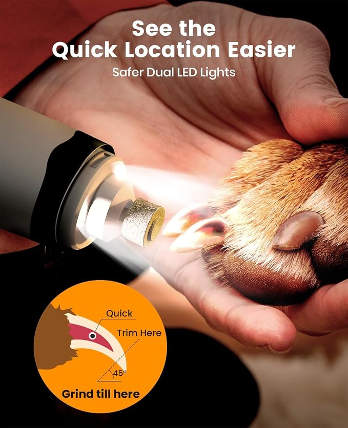 oneisall 2 in 1 Dog Nail Grinder & Paw Trimmer Kit, 2 LED Lights | 35 dB Low Noise, 6500/7500RPM, 2 Speeds, Cordless & Rechargeable, Long Battery Life, Safe for Paw, Face, Ears, Body