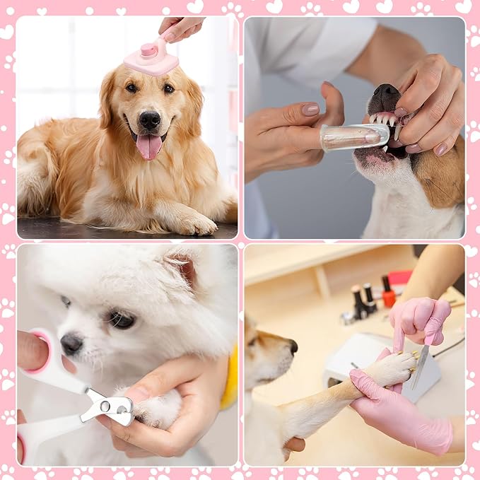 VCZONE 8 Pcs Dog Grooming Kit with Self Cleaning Tools: Nail Clipper, Flea Comb, Shampoo Brush, Shedding Brush, Dematting Comb, Silicone Toothbrush (Pink)