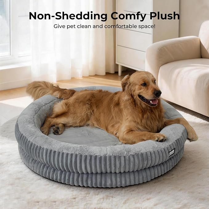 BALANCE Donut Dog Bed, 43 Inches Round Dog Bed Extra Large Size Dogs Washable, Orthopedic Calming Dogs Beds for Kitten, Fluffy Plush Faux Fur Pet Bed with Anti-Slip Bottom