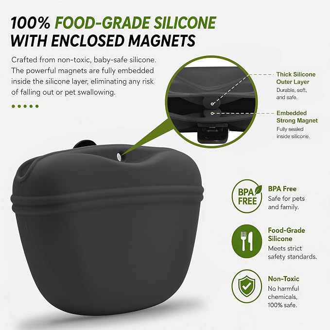 AUDWUD Silicone Dog Treat Pouch with Clicker Magnetic Closure Secure Clip | Upgraded clip keeps your treat pouch secure during training.Magnetic closure allows fast one hand access.Includes dog click