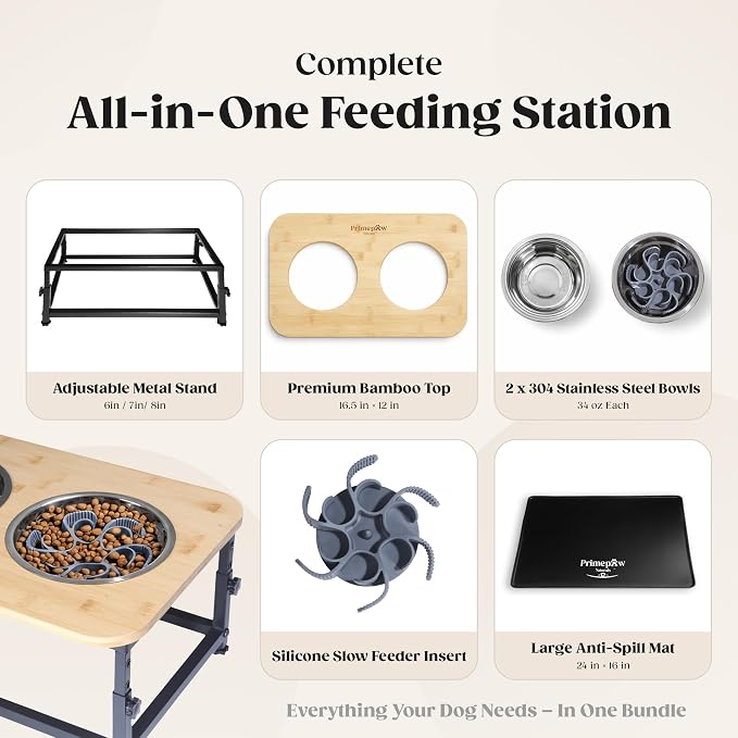 Adjustable Raised Dog Bowls – Elevated Dog Bowl Stand with Bamboo Stand, 2 Stainless Steel Bowls, Slow Feeder Insert & Silicone Mat – Dog Bowls with Stand for Small & Medium Dogs